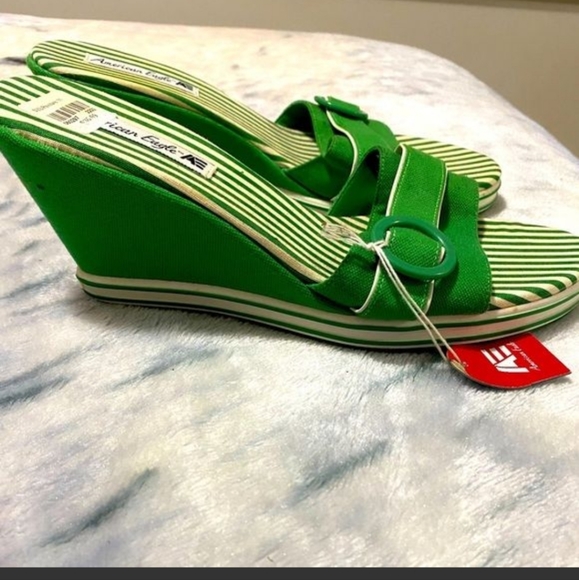 Retro 50s 60s Style Classic Green White Striped Wedges American Eagle - Picture 2 of 9